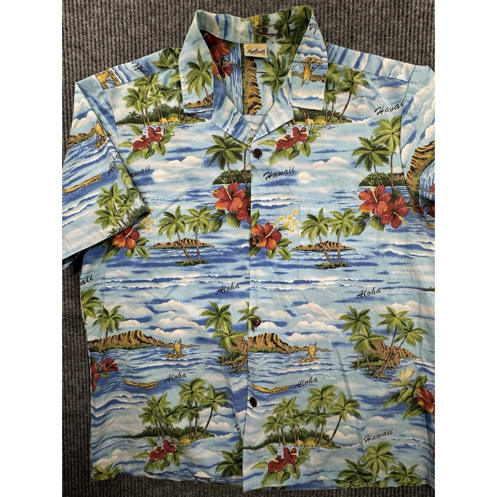 Royal Creations Aloha Shirt Mens XL Blue Tropical Hibiscus Diamond Head USA